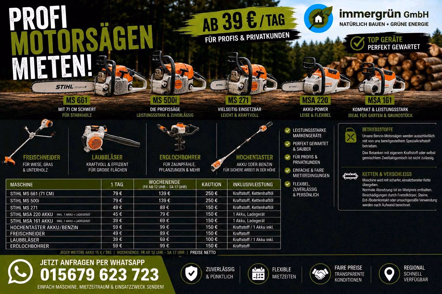 Motorsägen, Freischneider, Laubbläser, Erdbohrer und Hochentaster mit Mietkonditionen