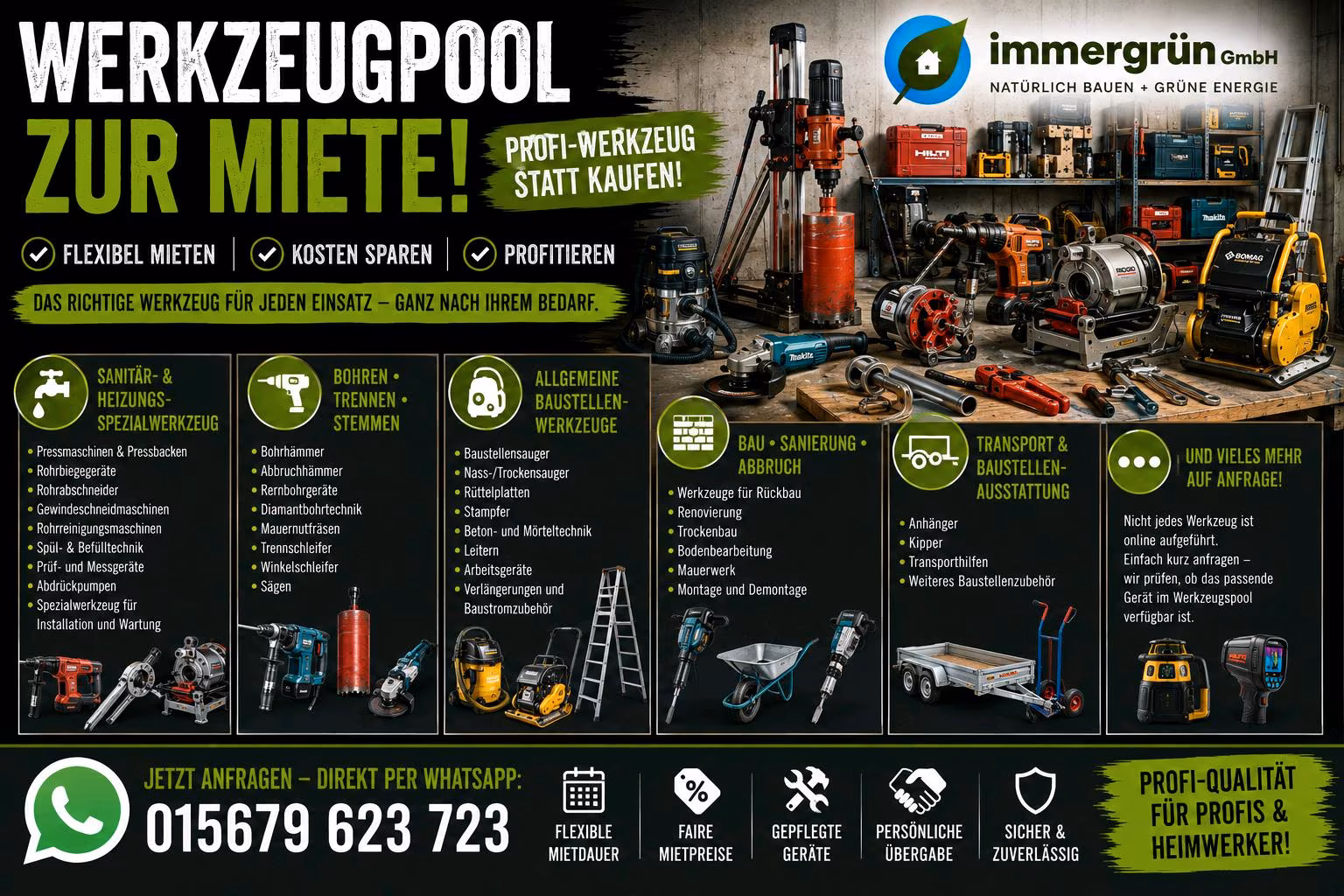 Werkzeugpool mit Sanitär- und Heizungswerkzeugen sowie Baustellenausstattung
